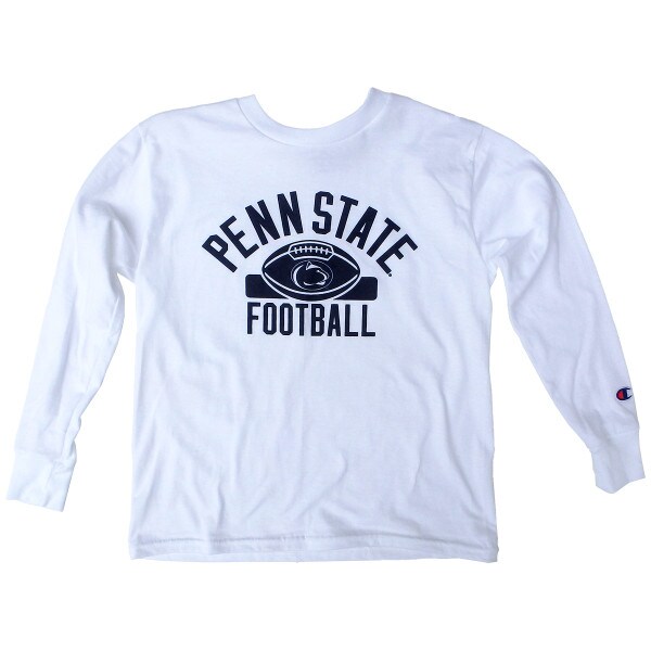 youth white long sleeve t-shirt with screened Penn State Football, Athletic Logo, and football graphic